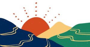 Colourful illustration of a sunrise or sunset over multi-coloured hills.