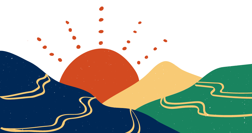 Colourful illustration of a sunrise or sunset over multi-coloured hills.